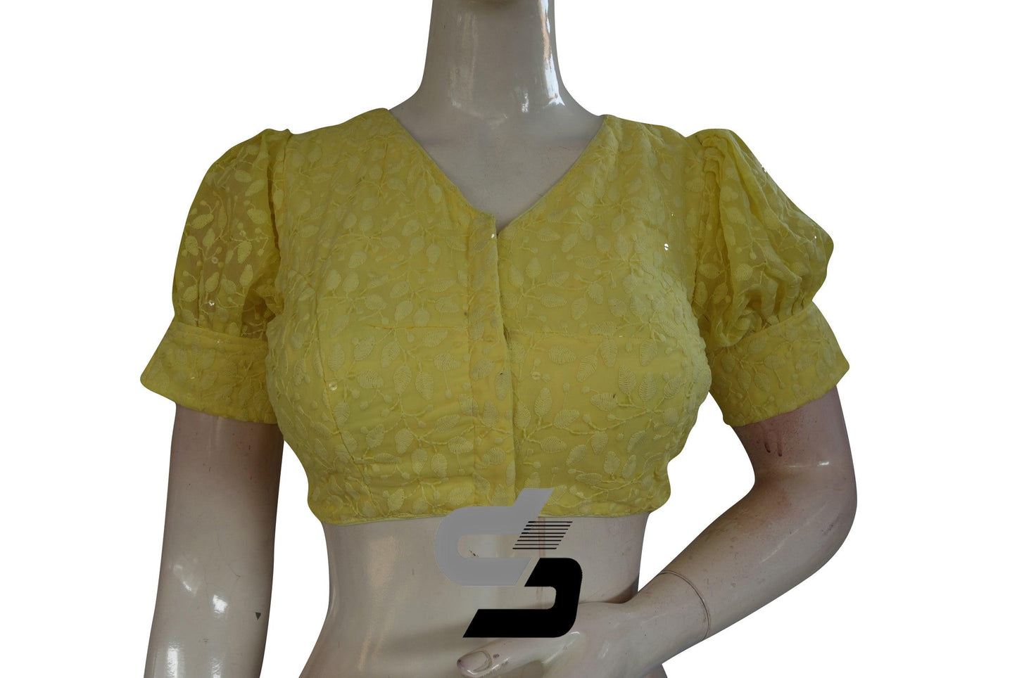 Yellow Color High Neck Chikankari Designer Readymade Saree Blouses With Puff Sleeves - D3blouses