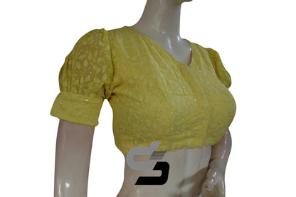 Yellow Color High Neck Chikankari Designer Readymade Saree Blouses With Puff Sleeves - D3blouses