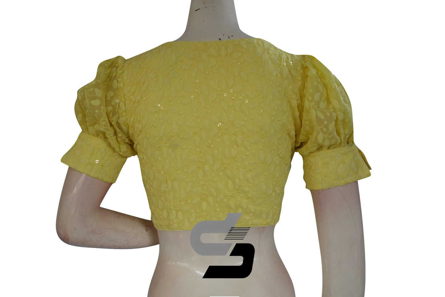 Yellow Color High Neck Chikankari Designer Readymade Saree Blouses With Puff Sleeves - D3blouses