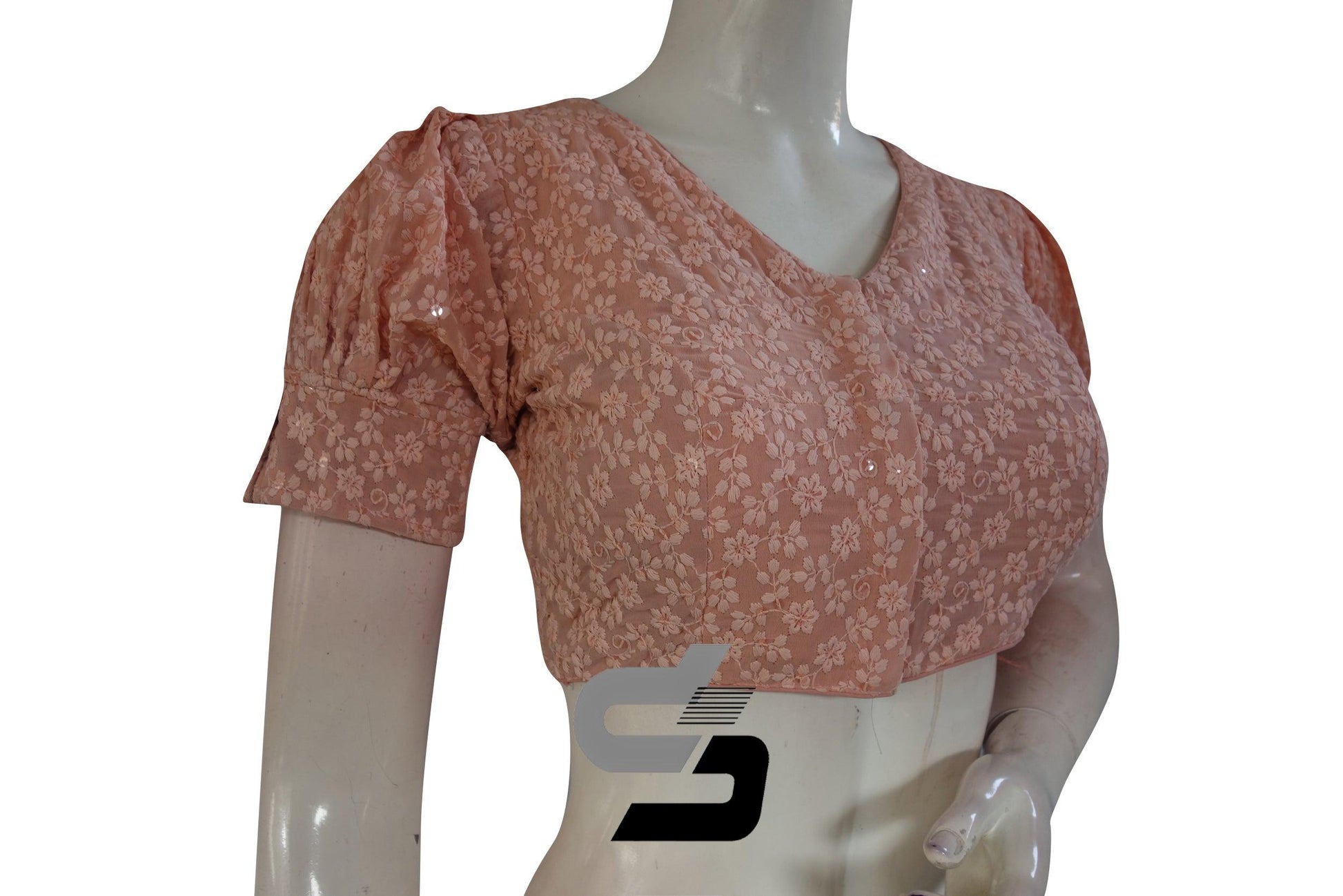 Peach Color High Neck Chikankari Designer Readymade Saree Blouses With Puff Sleeves - D3blouses