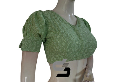 Pastel Green Color High Neck Chikankari Designer Readymade Saree Blouses With Puff Sleeves - D3blouses