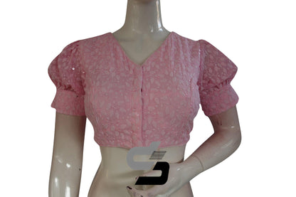 Pastel Pink Color High Neck Chikankari Designer Readymade Saree Blouses With Puff Sleeves - D3blouses