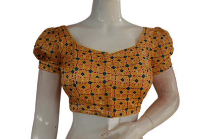 Yellow Color Satin Printed Designer Readymade Blouse With Puff Sleeves