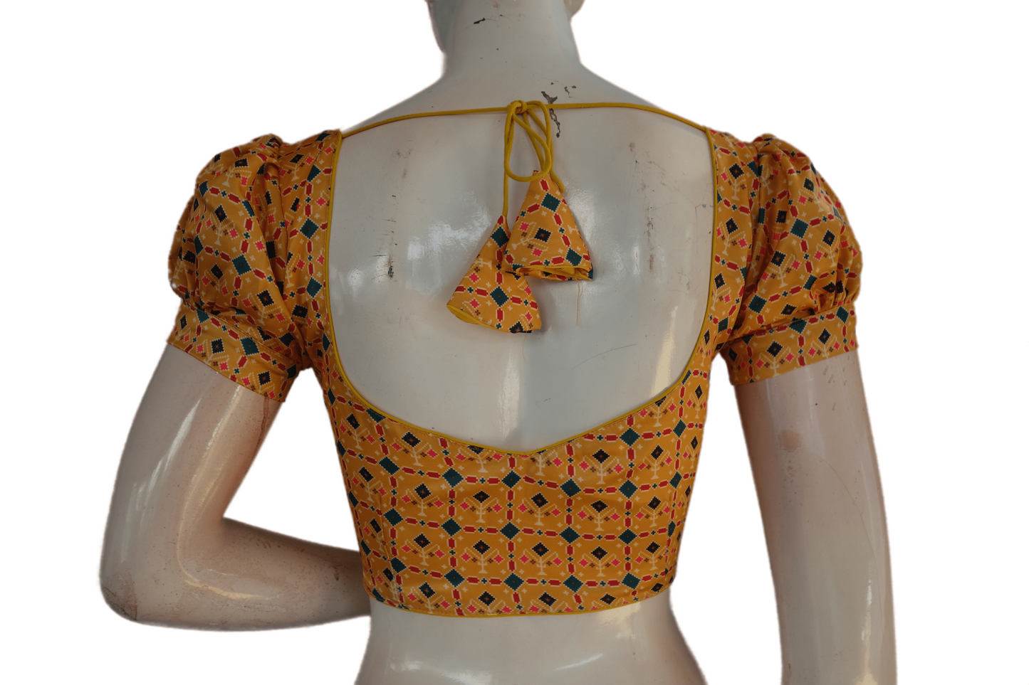 Yellow Color Satin Printed Designer Readymade Blouse With Puff Sleeves