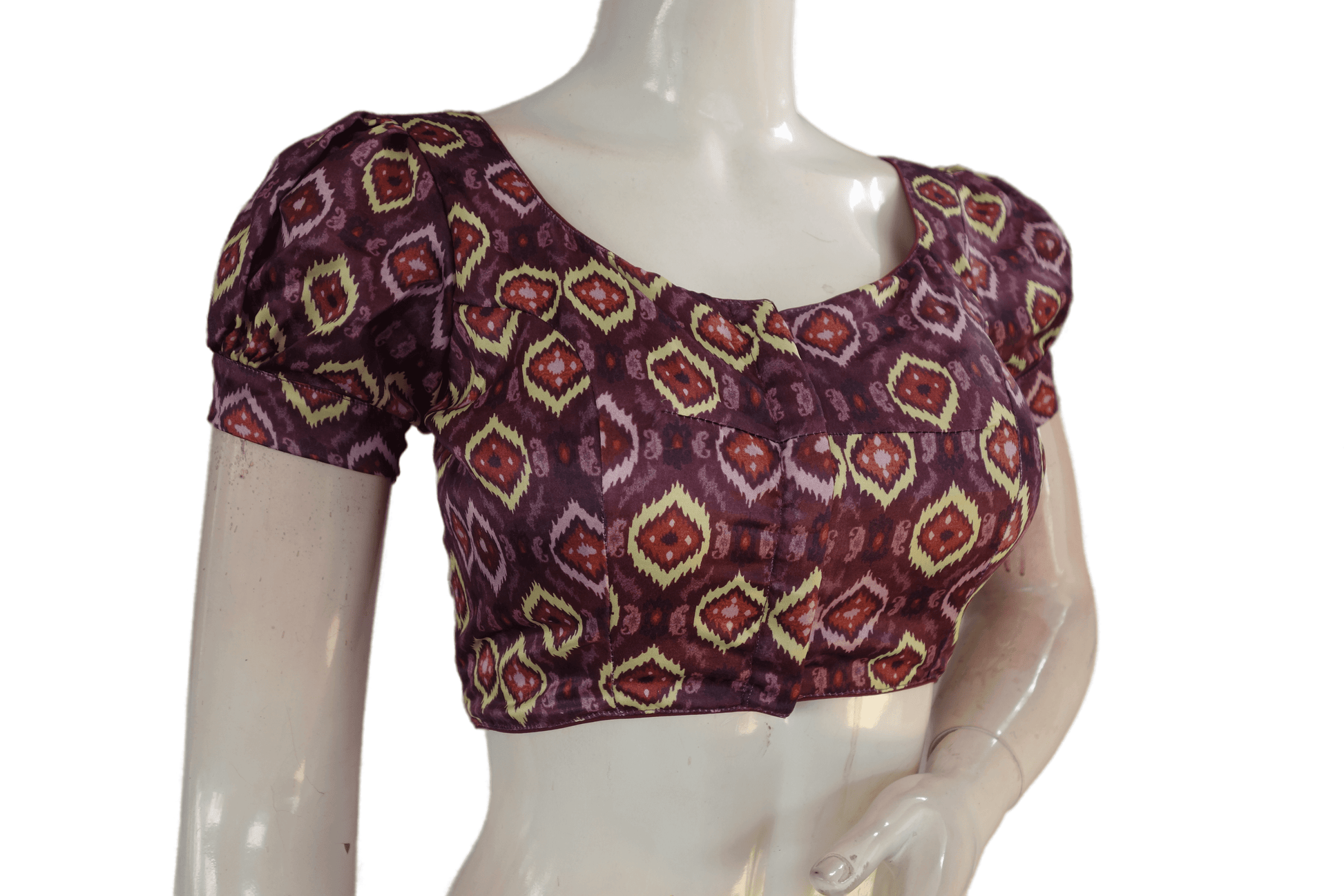 Wine Color Satin Printed Designer Readymade Blouse With Puff Sleeves - D3blouses