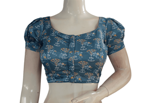 Greyish Blue Color Satin Printed Designer Readymade Blouse With Puff Sleeves - D3blouses