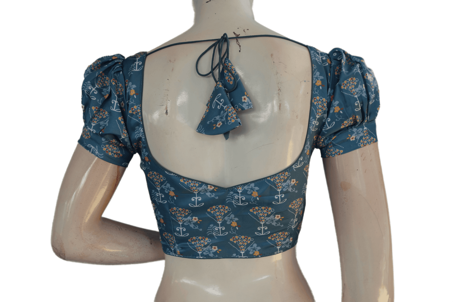 Greyish Blue Color Satin Printed Designer Readymade Blouse With Puff Sleeves - D3blouses