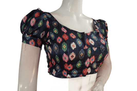 Dark Navy Blue Color Satin Printed Designer Readymade Blouse With Puff Sleeves - D3blouses
