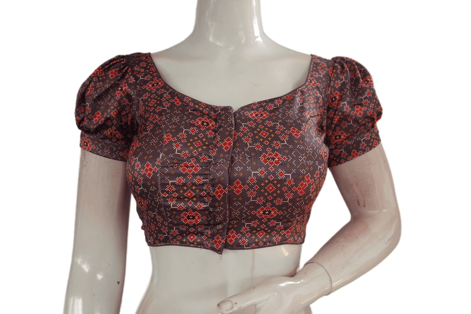 Greyish Purple Color Satin Printed Designer Readymade Blouse With Puff Sleeves - D3blouses