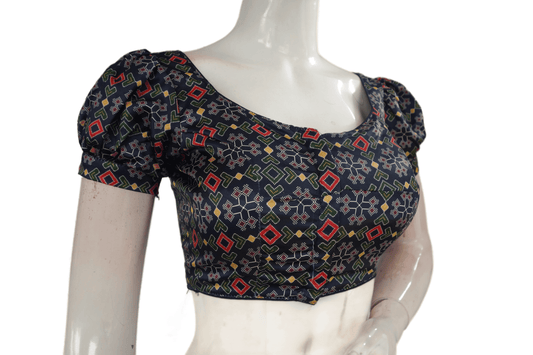 Dark Navy Blue Color Satin Printed Designer Readymade Blouse With Puff Sleeves - D3blouses