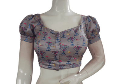 Pinkish Grey Color Satin Printed Designer Readymade Blouse With Puff Sleeves - D3blouses