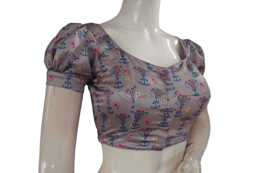 Pinkish Grey Color Satin Printed Designer Readymade Blouse With Puff Sleeves - D3blouses