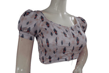 Pastel Pink Color Satin Printed Designer Readymade Blouse With Puff Sleeves - D3blouses