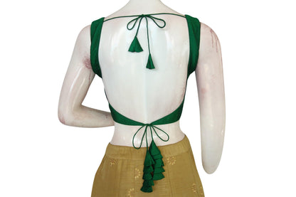 Green Color Plain Semi Silk Designer Readymade Saree Blouse