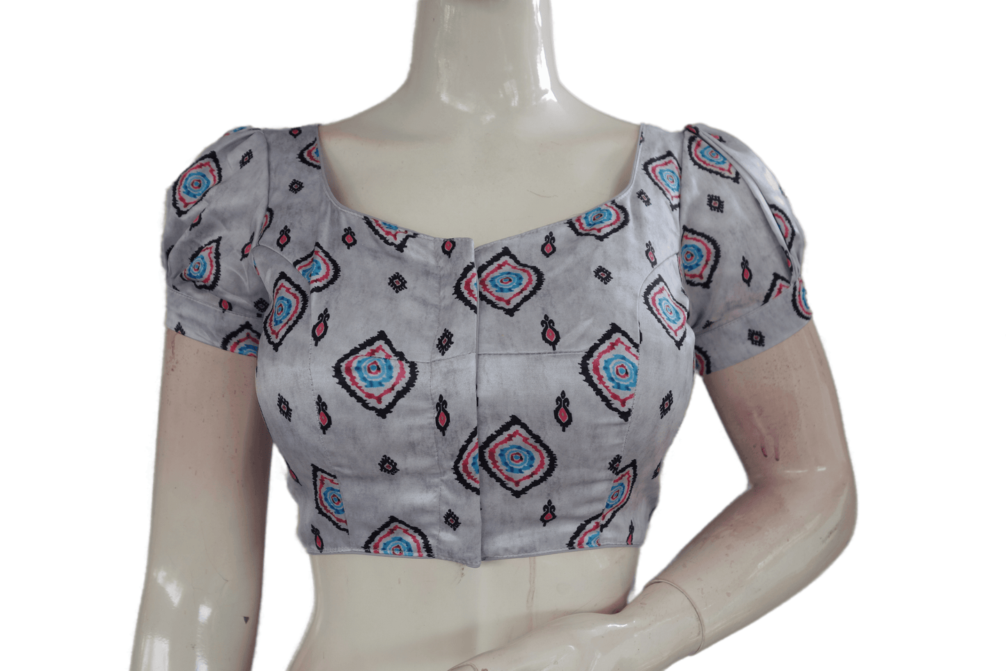 Grey Color Satin Printed Designer Readymade Blouse With Puff Sleeves - D3blouses