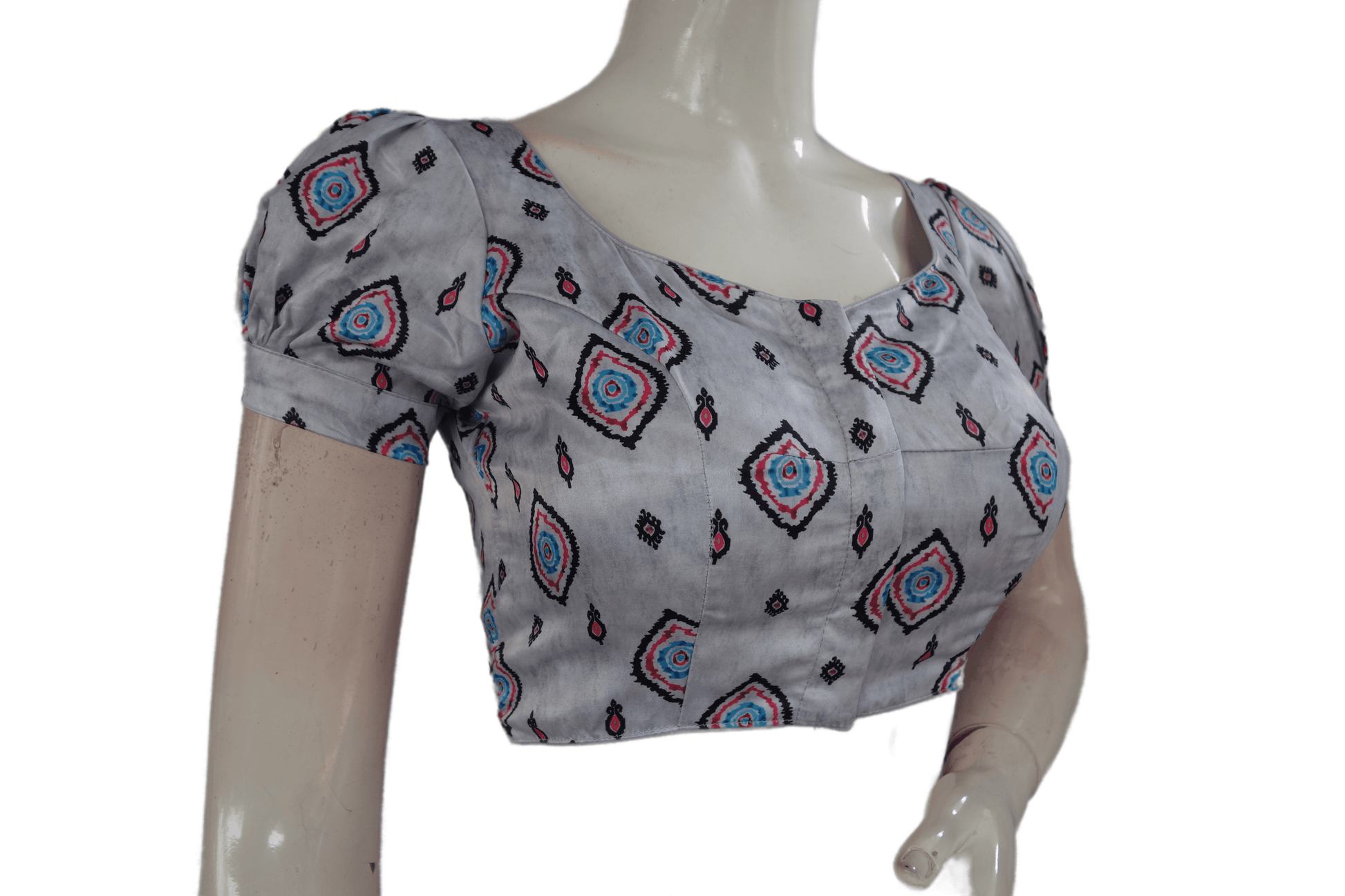 Grey Color Satin Printed Designer Readymade Blouse With Puff Sleeves - D3blouses