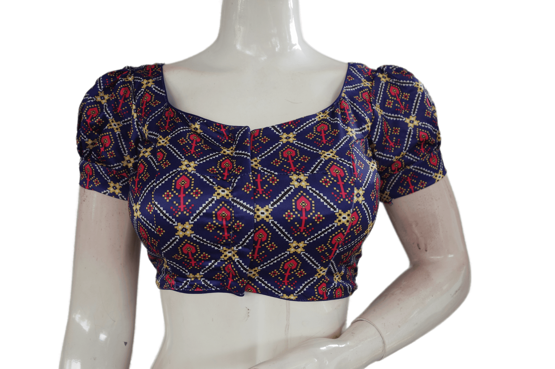 Navy Blue Color Satin Printed Designer Readymade Blouse With Puff Sleeves - D3blouses