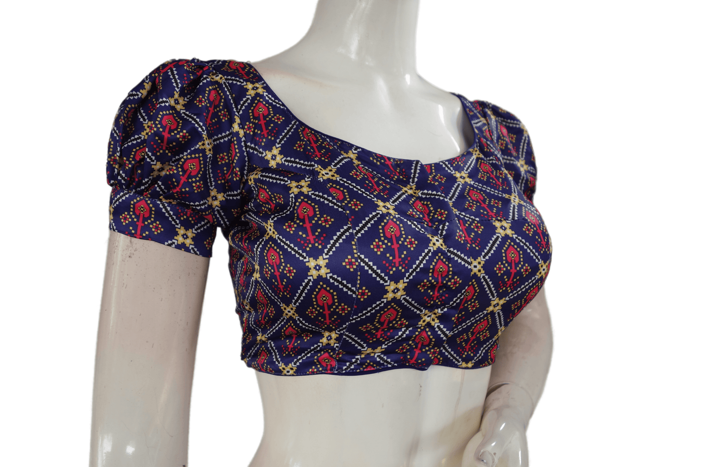 Navy Blue Color Satin Printed Designer Readymade Blouse With Puff Sleeves - D3blouses