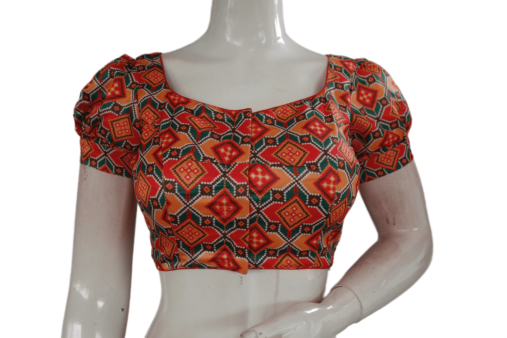 Red Color Satin Printed Designer Readymade Blouse With Puff Sleeves - D3blouses