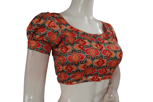 Red Color Satin Printed Designer Readymade Blouse With Puff Sleeves - D3blouses