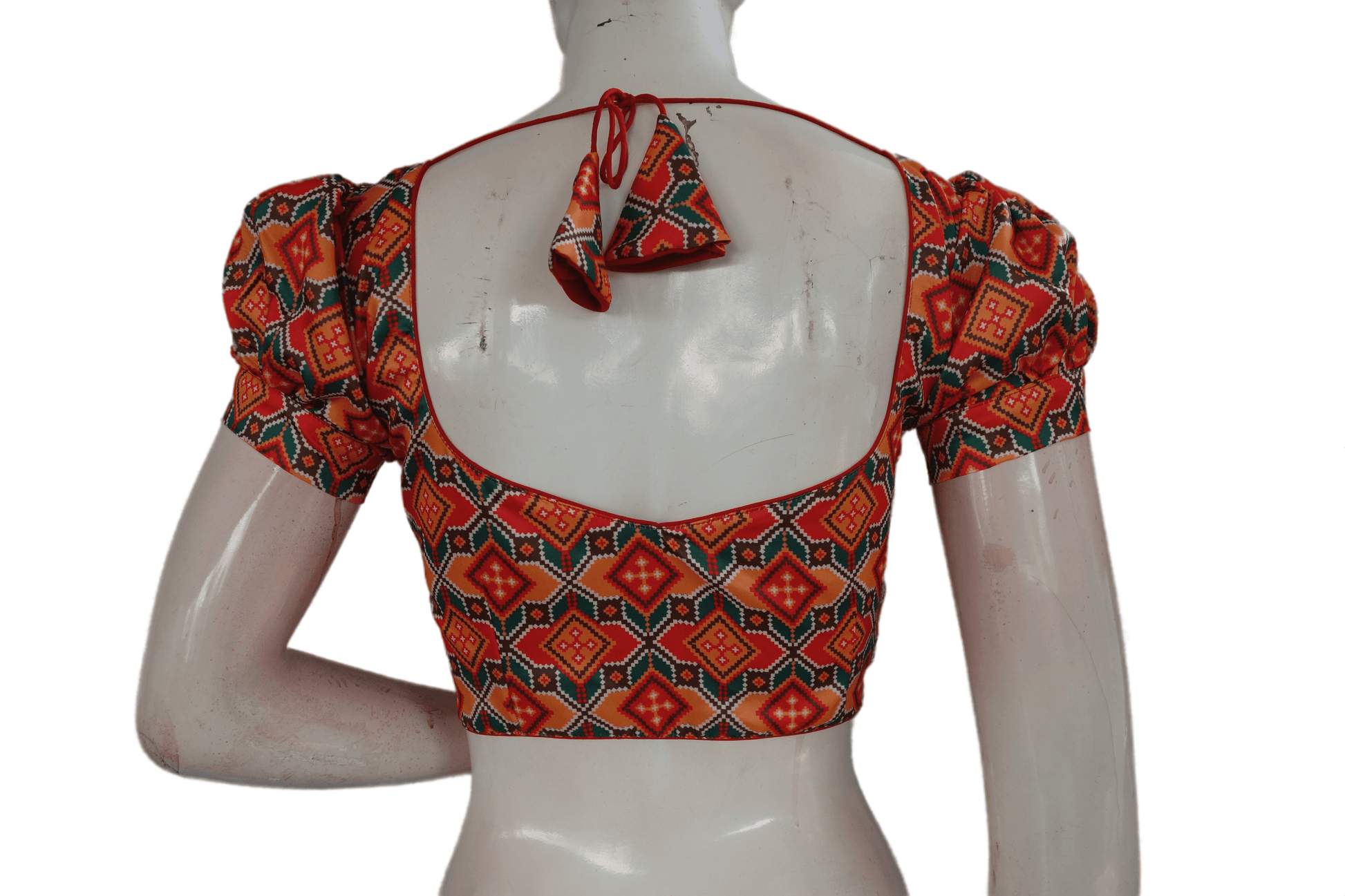 Red Color Satin Printed Designer Readymade Blouse With Puff Sleeves - D3blouses