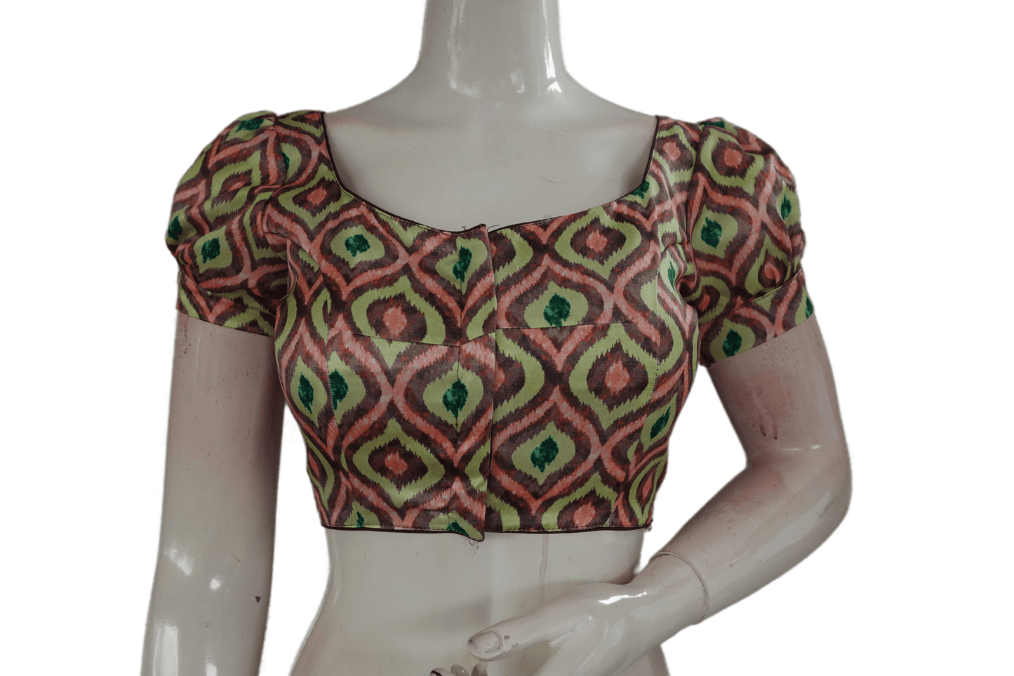 Brown Color Satin Printed Designer Readymade Blouse With Puff Sleeves - D3blouses