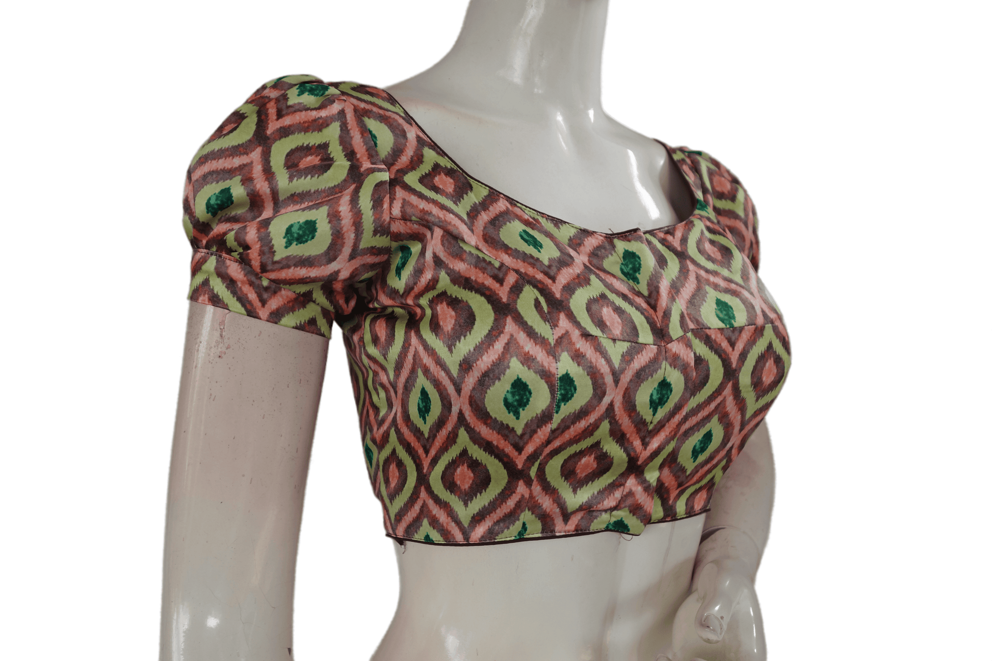 Brown Color Satin Printed Designer Readymade Blouse With Puff Sleeves - D3blouses