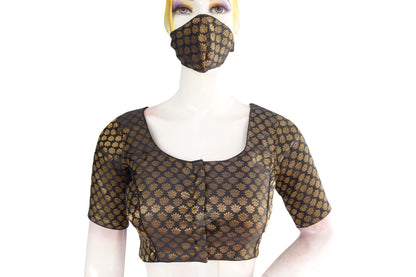 Black Color Brocade Silk Readymade Saree Blouse With Matching Mask