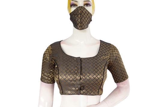 Grey Color Brocade Silk Readymade Saree Blouse With Matching Mask