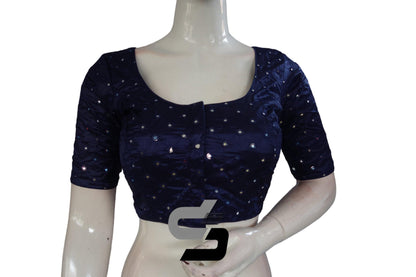 Dark Navy Blue Color Georgette Foil Mirror Designer Readymade Saree Blouse - D3blouses