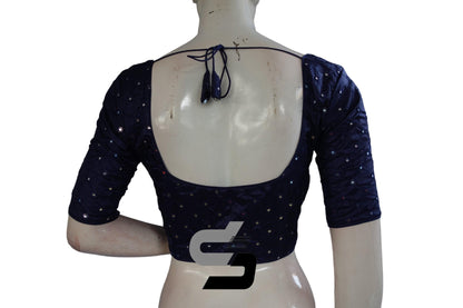 Dark Navy Blue Color Georgette Foil Mirror Designer Readymade Saree Blouse - D3blouses