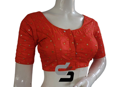 Peach Orange Color Georgette Foil Mirror Designer Readymade Saree Blouse - D3blouses