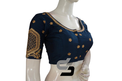 Dark Teal Blue Color Semi Silk Designer Embroidery Readymade Saree Blouse - D3blouses
