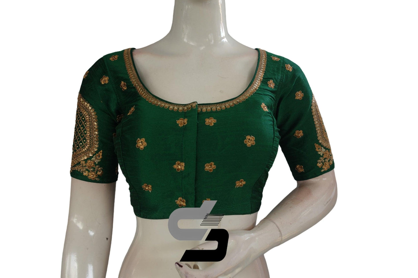 Green Color Semi Silk Designer Embroidery Readymade Saree Blouse - D3blouses