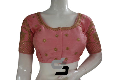 Pastel Pink Color Semi Silk Designer Embroidery Readymade Saree Blouse - D3blouses