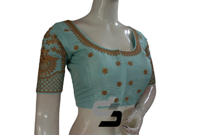 Pastel Blue Color Semi Silk Designer Embroidery Readymade Saree Blouse - D3blouses