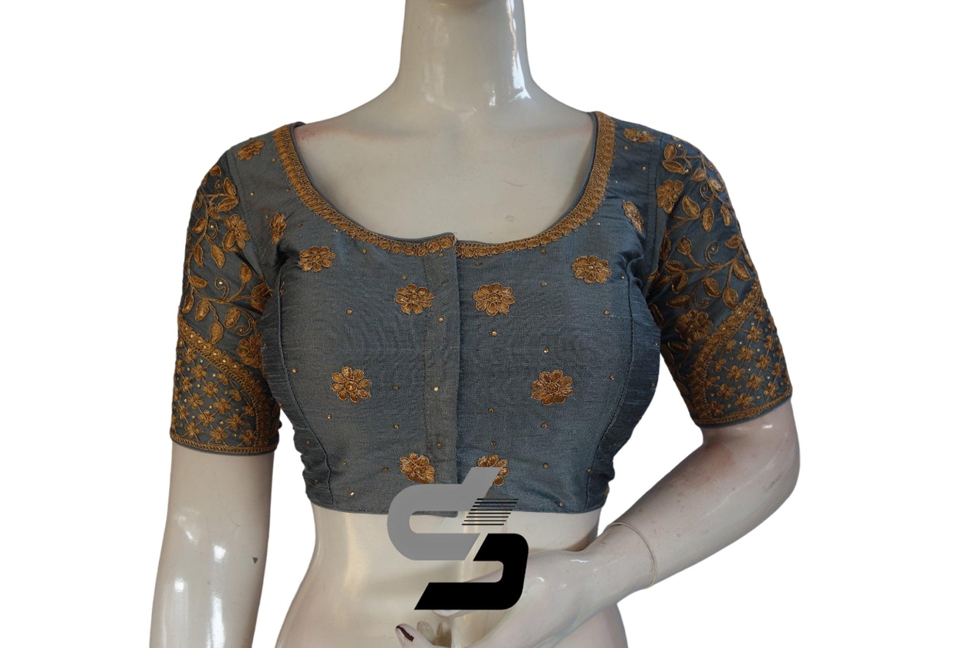 Grey Color Semi Silk Designer Embroidery Readymade Saree Blouse - D3blouses