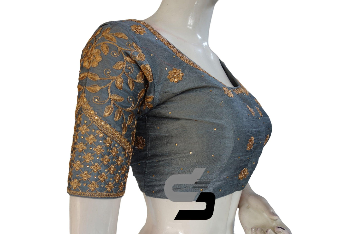 Grey Color Semi Silk Designer Embroidery Readymade Saree Blouse - D3blouses