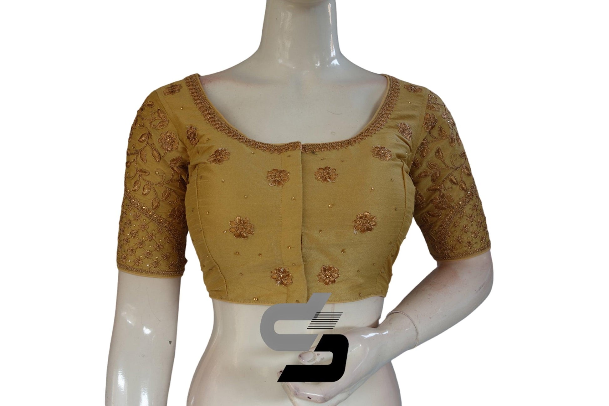 Gold Color Semi Silk Designer Embroidery Readymade Saree Blouse - D3blouses