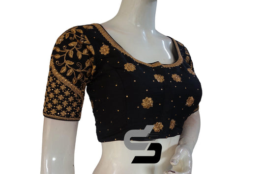 Black Color Semi Silk Designer Embroidery Readymade Saree Blouse - D3blouses