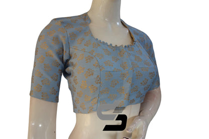 Pastel Blue Color Brocade Silk With Designer Collar Neck Readymade saree blouse - D3blouses