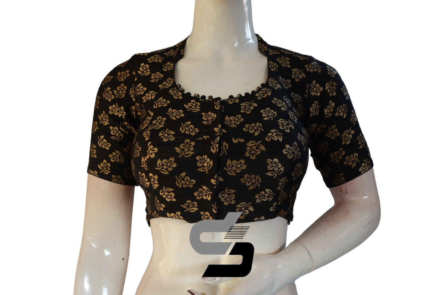 Black Color Brocade Silk With Designer Collar Neck Readymade saree blouse - D3blouses