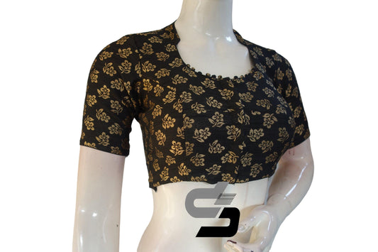 Black Color Brocade Silk With Designer Collar Neck Readymade saree blouse - D3blouses