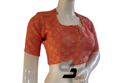 Peach Pink Color Brocade Silk With Designer Collar Neck Readymade saree blouse - D3blouses