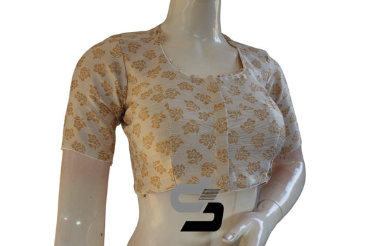 Off-White Color Brocade Silk With Designer Collar Neck Readymade saree blouse - D3blouses