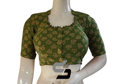 Green Color Brocade Silk With Designer Collar Neck Readymade saree blouse - D3blouses