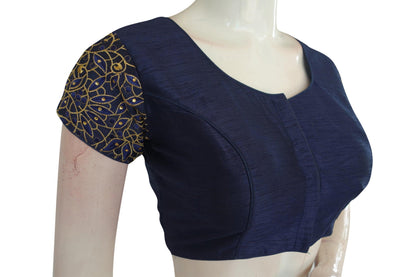 Navy Blue Color Floral Embroidery Designer Blouse