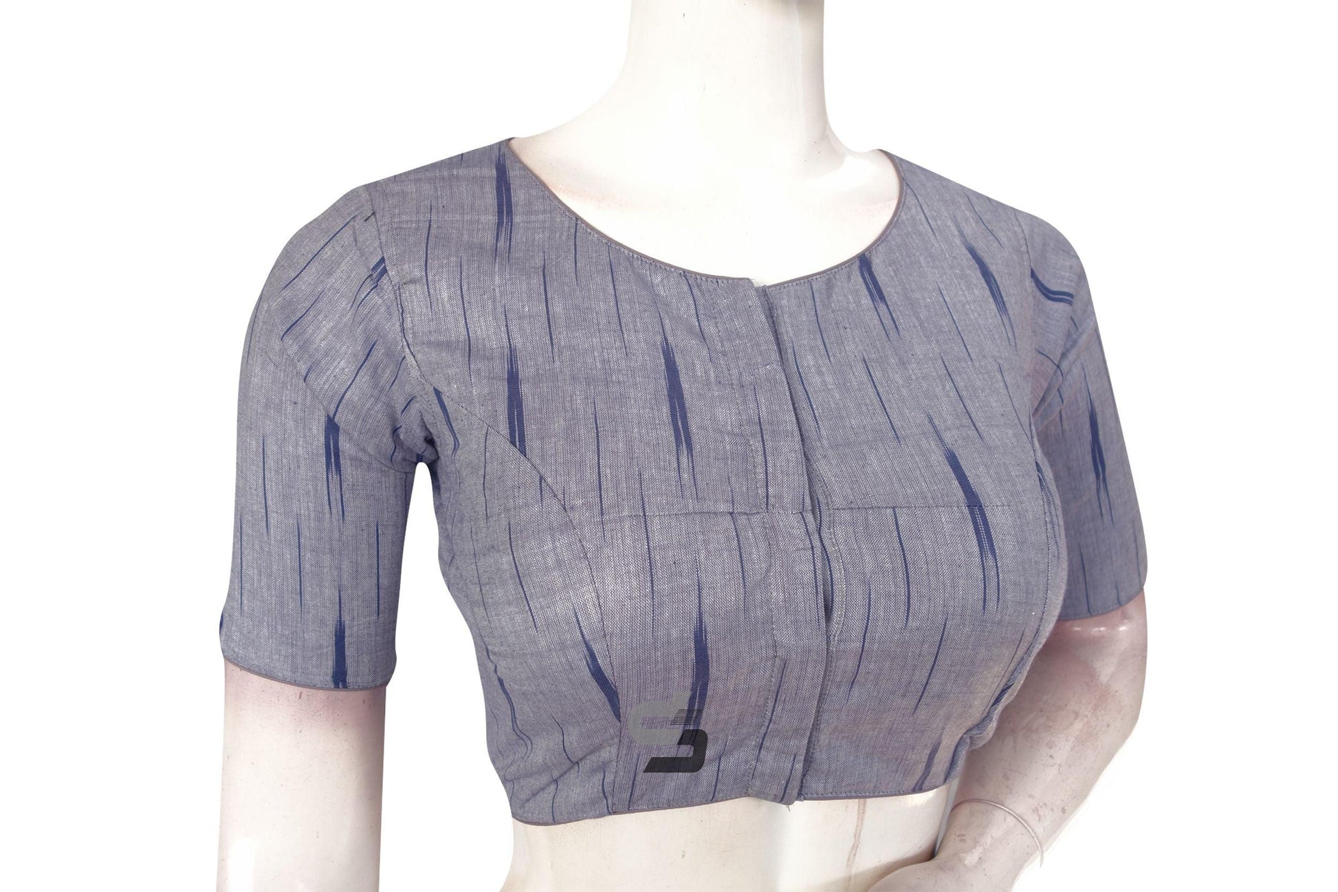 Navy Blue Color Ikkat Highneck Readymade Saree Blouse - D3blouses