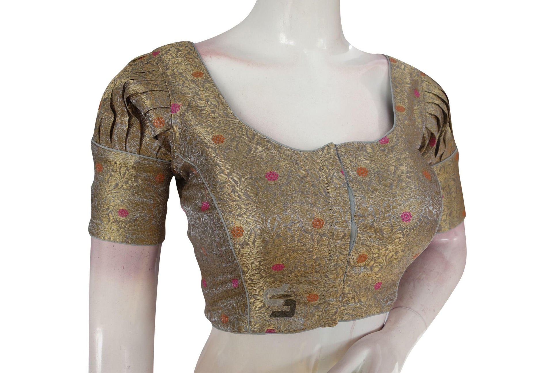 Grey Color Brocade Puff Sleeves Readymade Saree Blouse With Matching Mask - D3blouses