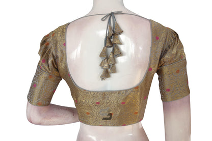 Grey Color Brocade Puff Sleeves Readymade Saree Blouse With Matching Mask - D3blouses